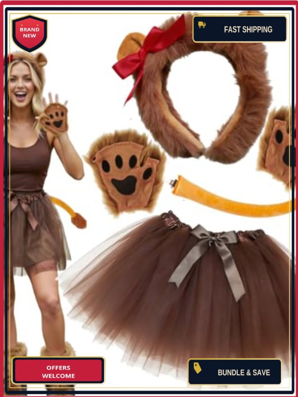 Lion Costume Accessory Set Fuzzy Ears Headband Tail Tutu Paws